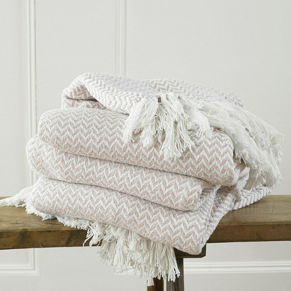 Luxury 100% Cotton Woven Herringbone Sofa Chair Bed Fringed Throw - Blush Pink 127 x 152cm