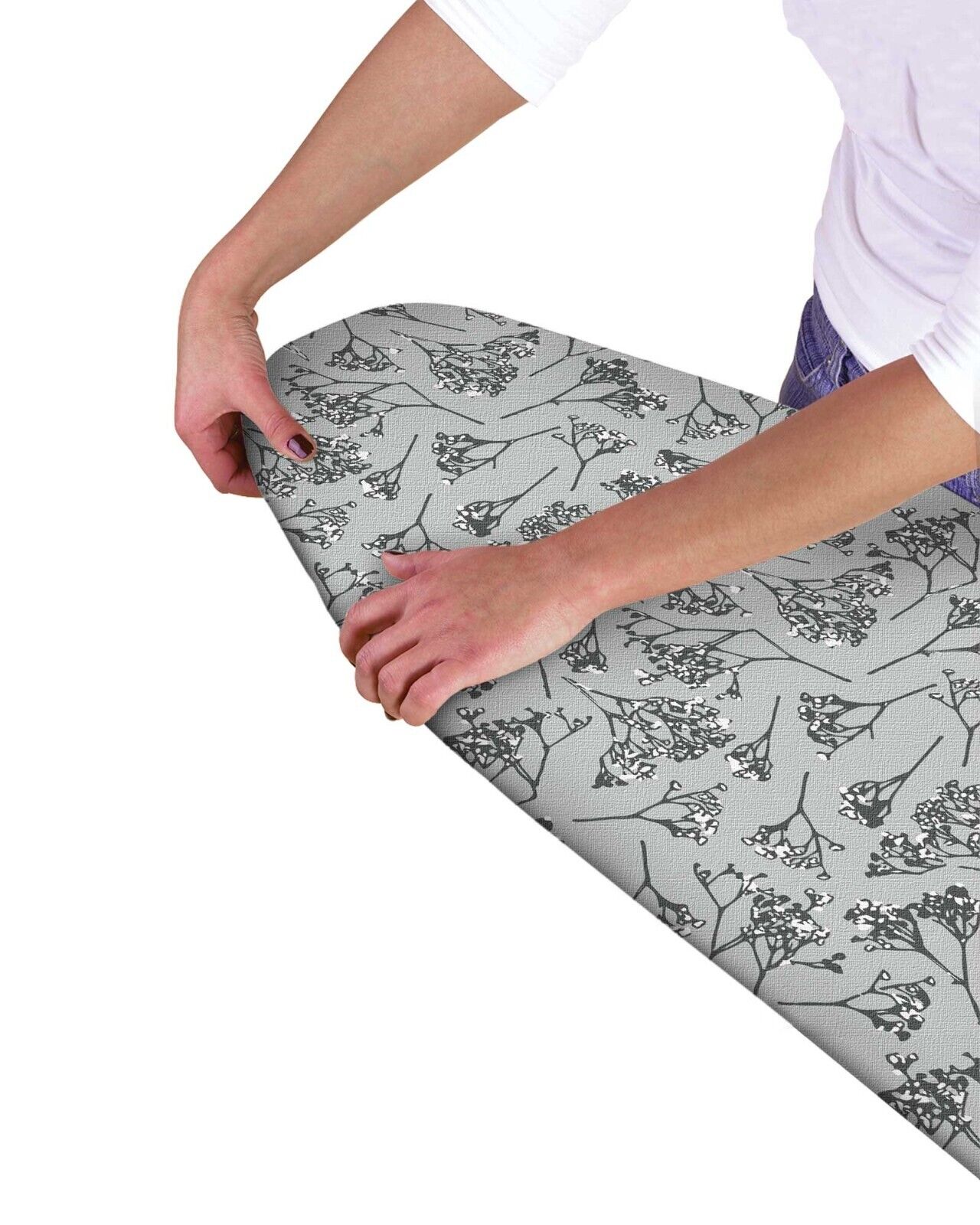 Modern Easy Fit Elasticated Ironing Board Cover - Grey Blossoms