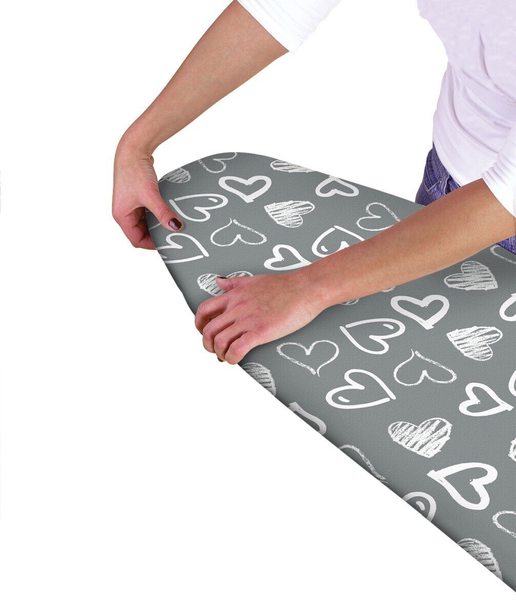 Modern Easy Fit Elasticated Ironing Board Cover - Grey Hearts