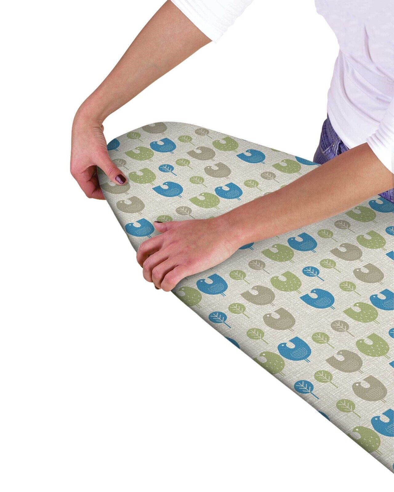 Modern Easy Fit Elasticated Ironing Board Cover - Multi Coloured Birds & Plants