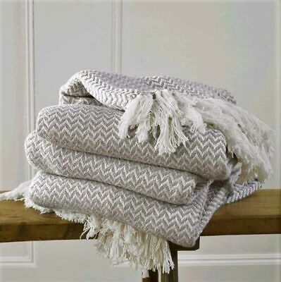 Luxury 100% Cotton Woven Herringbone Sofa Chair Bed Fringed Throw - Natural 228 x 254cm