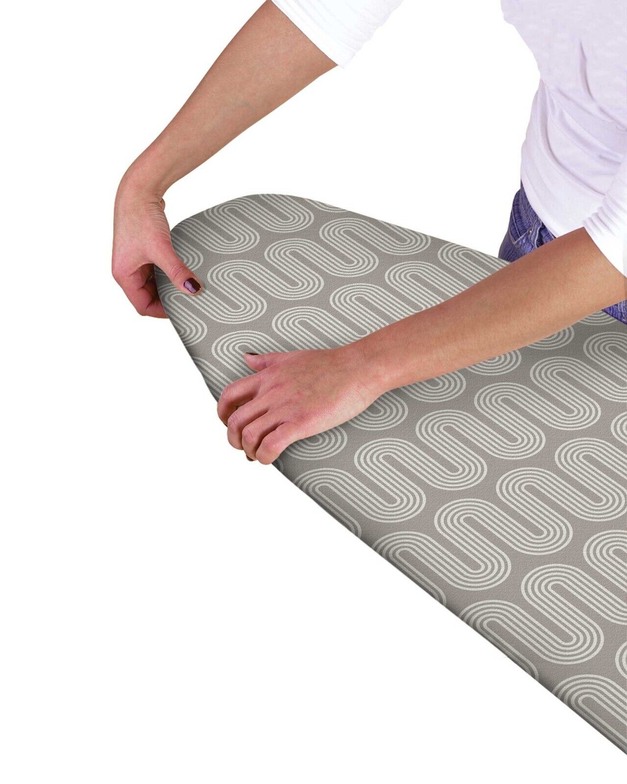 Modern Easy Fit Elasticated Ironing Board Cover - Natural Brown Geometric Wave