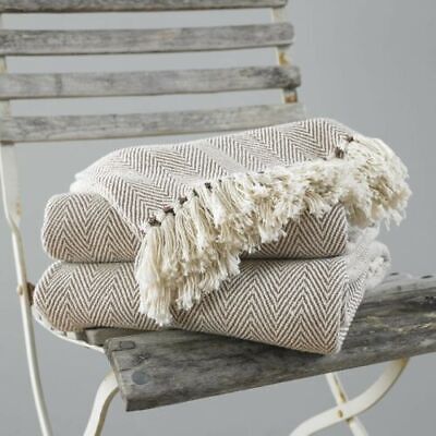 Luxury 100% Cotton Woven Herringbone Sofa Chair Bed Fringed Throw - Natural Como 127 x 152cm