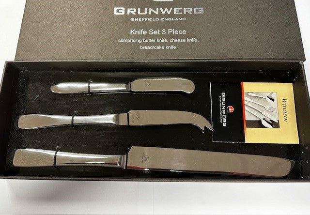Grunwerg Knife set 3 Piece including Butter Knife Cheese Knife and Bread/Cake Knife