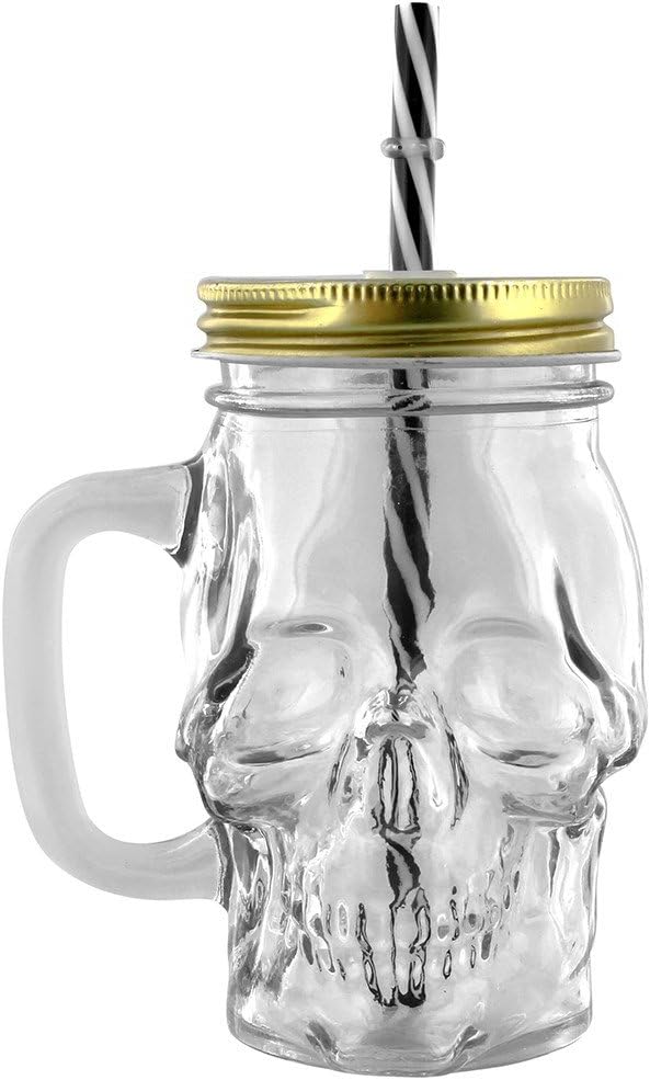 Skull Design Drinking Glass Jar with Metal Lid (No Straw Included)