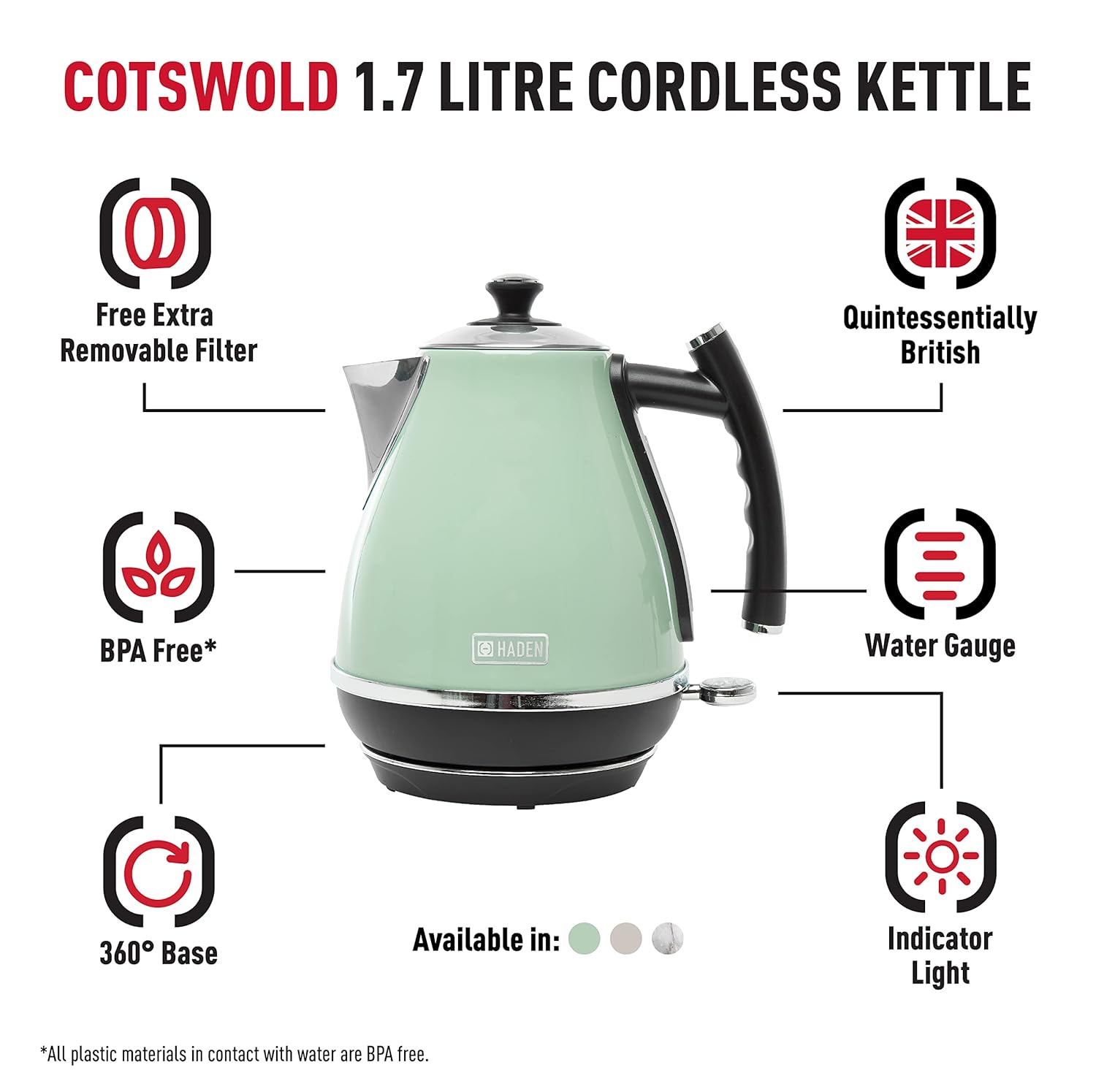 Haden Cotswold Sage Kettle, 1.7L 3000W