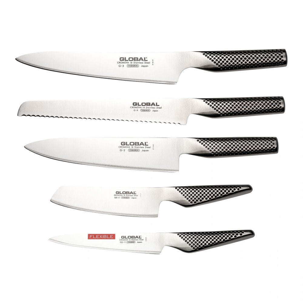 Global 5 Piece Knife Set with Stainless Steel Dock Includes G-2 G-3 G-9 GS-5 and GS-11 Knives