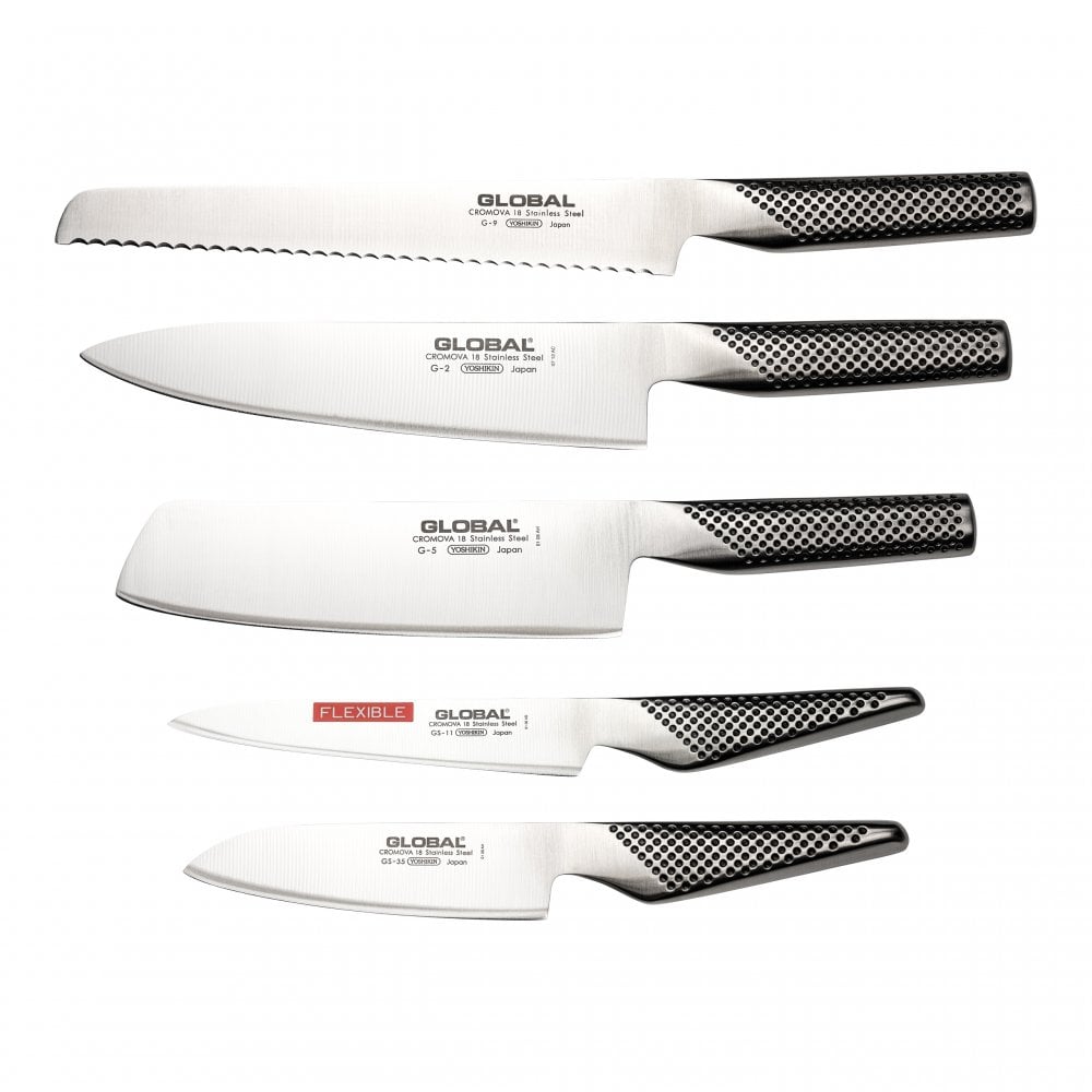Global 5 Piece Knife Set With Stainless Steel Dock Includes G-2 G-5 G-9 GS-35 and GS-11 Knives