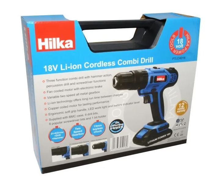 Hilka 18v Li-ion Cordless Hammer Drill in BMC