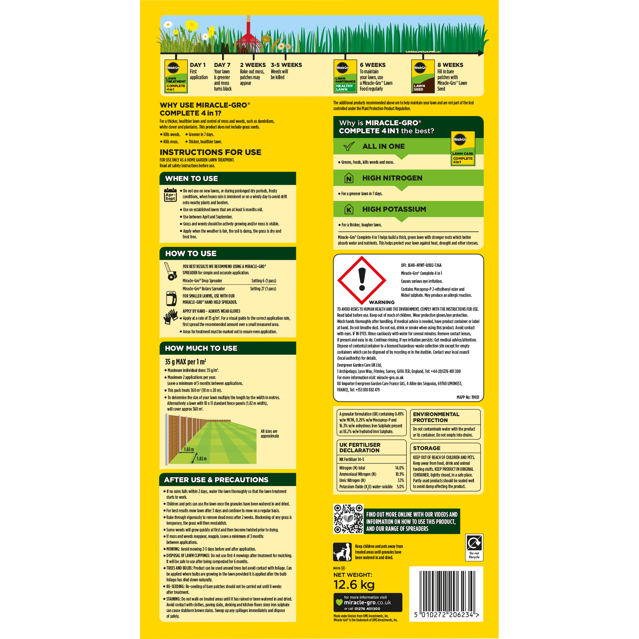 Miracle-Gro Complete 4 in 1 Lawn Food 360 m2 12.6 kg Lawn Food Weed & Moss Control
