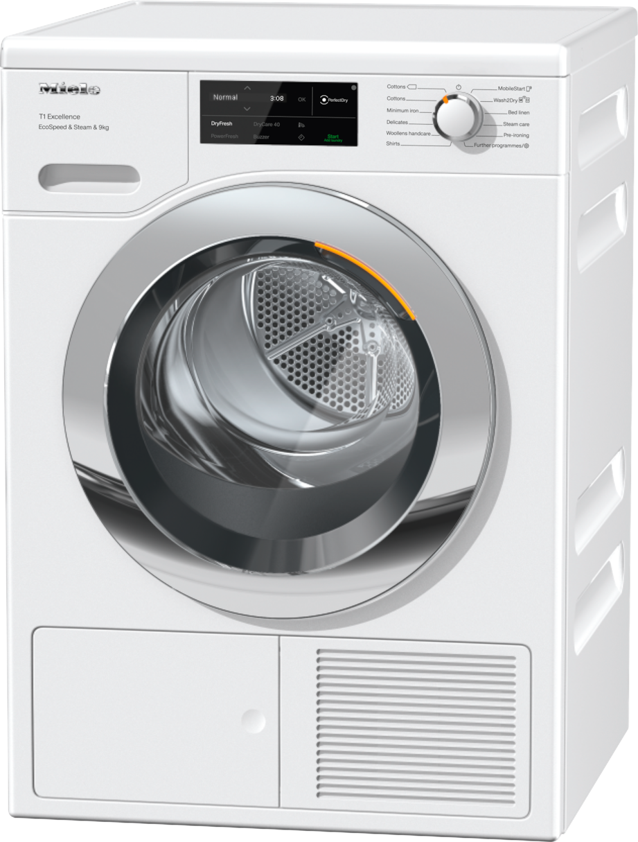 Miele TEL785WP EcoSpeed & Steam 9kg Heat Pump Tumble Dryer, Lotus White, Chrome Door