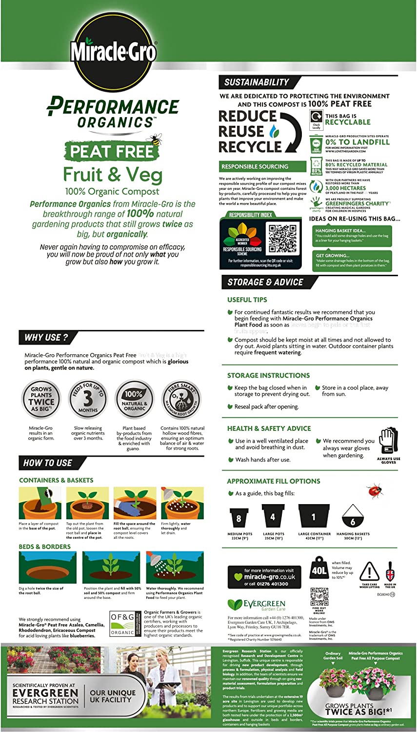 Miracle-Gro Performance Organics Fruit and Veg PEAT FREE Compost, 40L