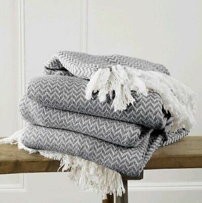 Luxury 100% Cotton Woven Herringbone Sofa Chair Bed Fringed Throw - Grey 170 x 200cm