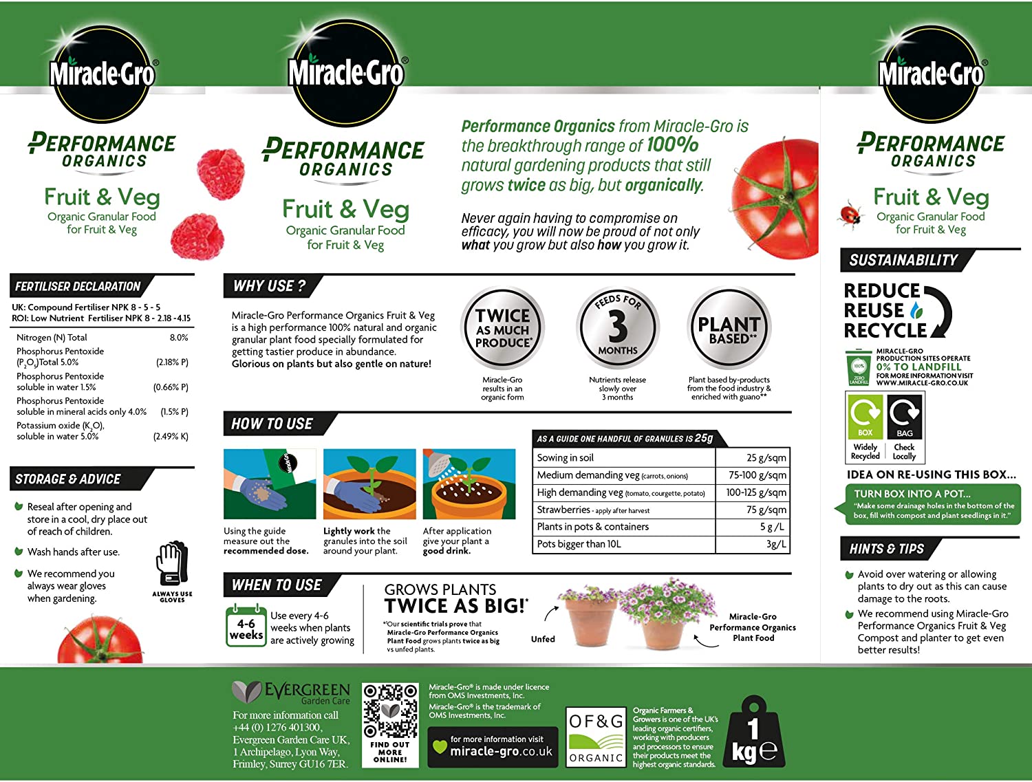 Miracle-Gro Performance Organics Granular Fruit & Veg Plant Food 1Kg Garden Diy Gardening Plantfood