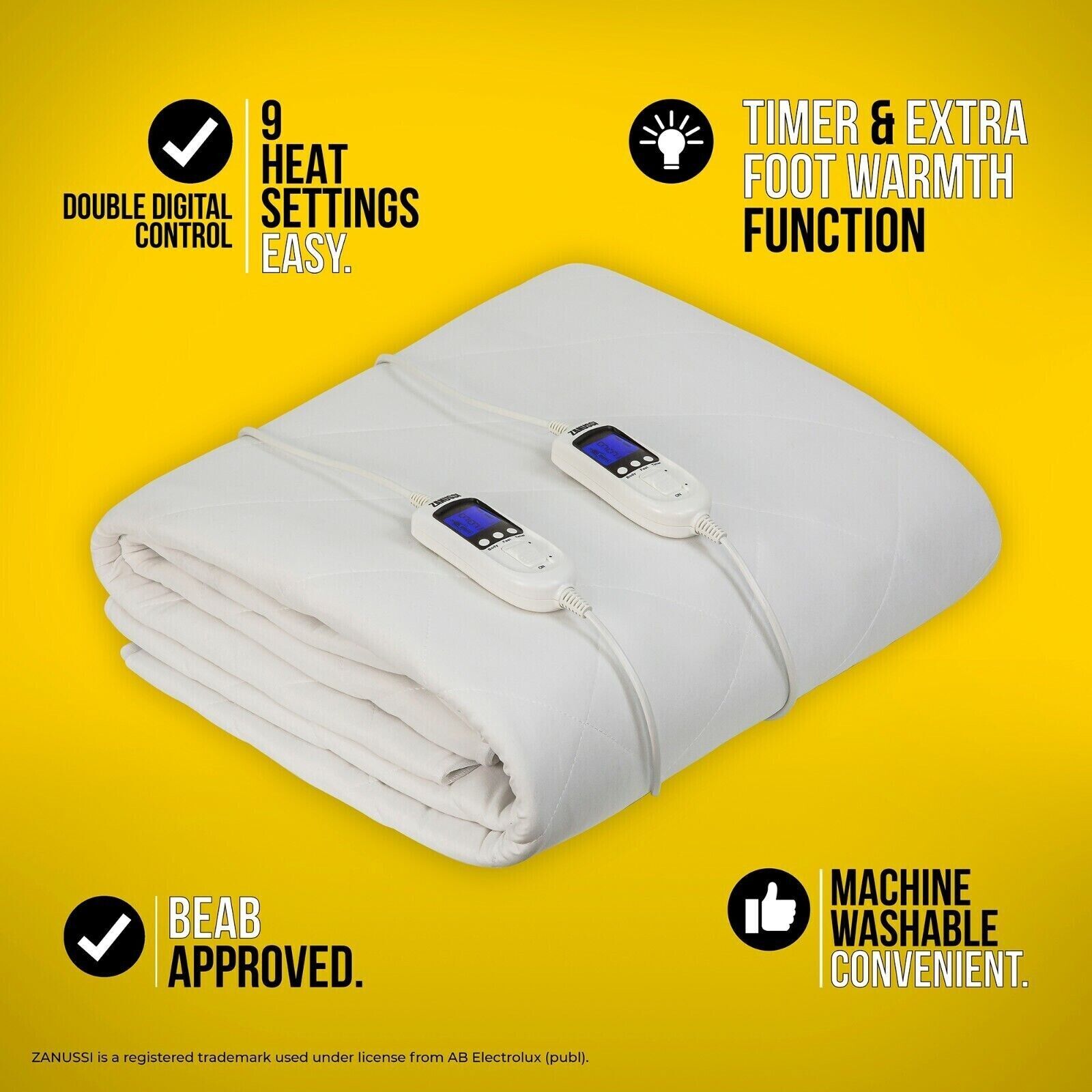 Zanussi Double Electric Heated Blanket with 9 Heat Settings and Timer - EX DEMO MODEL