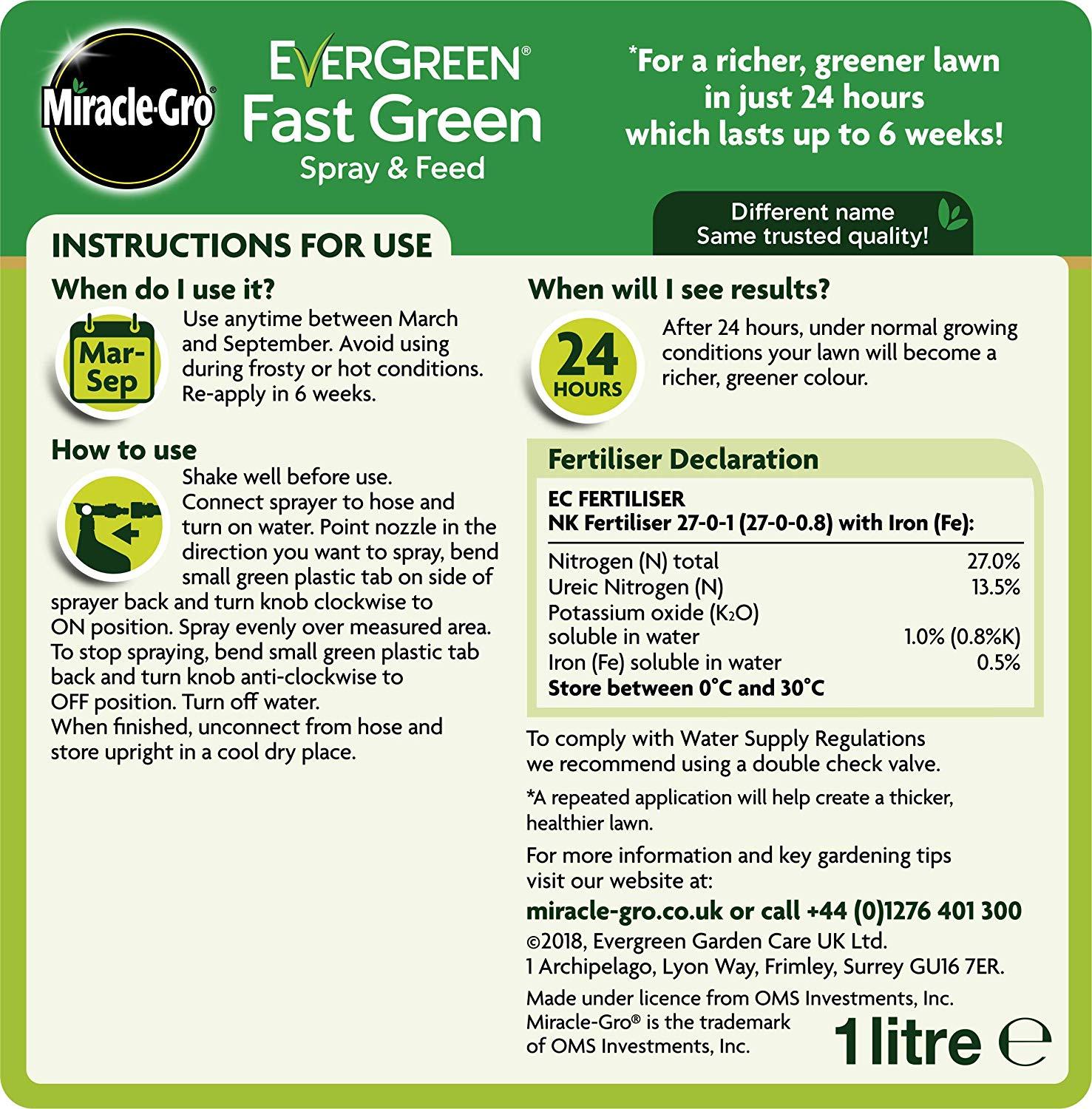 Miracle-Gro Evergreen Fast Green Spray & Feed 1L Garden Diy Gardening Plantfood Weedkiller And