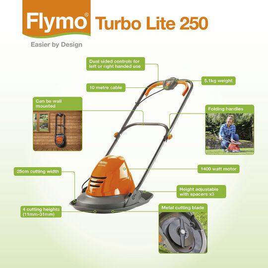Flymo Turbo Lite 250 Electric Hover Lawn Mower Ambidextrous Handles 1400W